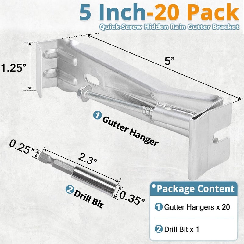 HIMIRICH 5 Inch Roofing Gutter Hangers, Quick Screw Hidden Gutter Support Brackets for Repairing Sagging 5 Inch K-Type Aluminum Gutters, Gutter Clips Comes with 1/4”Hex Drill Bit, 20 Pack - Image 2